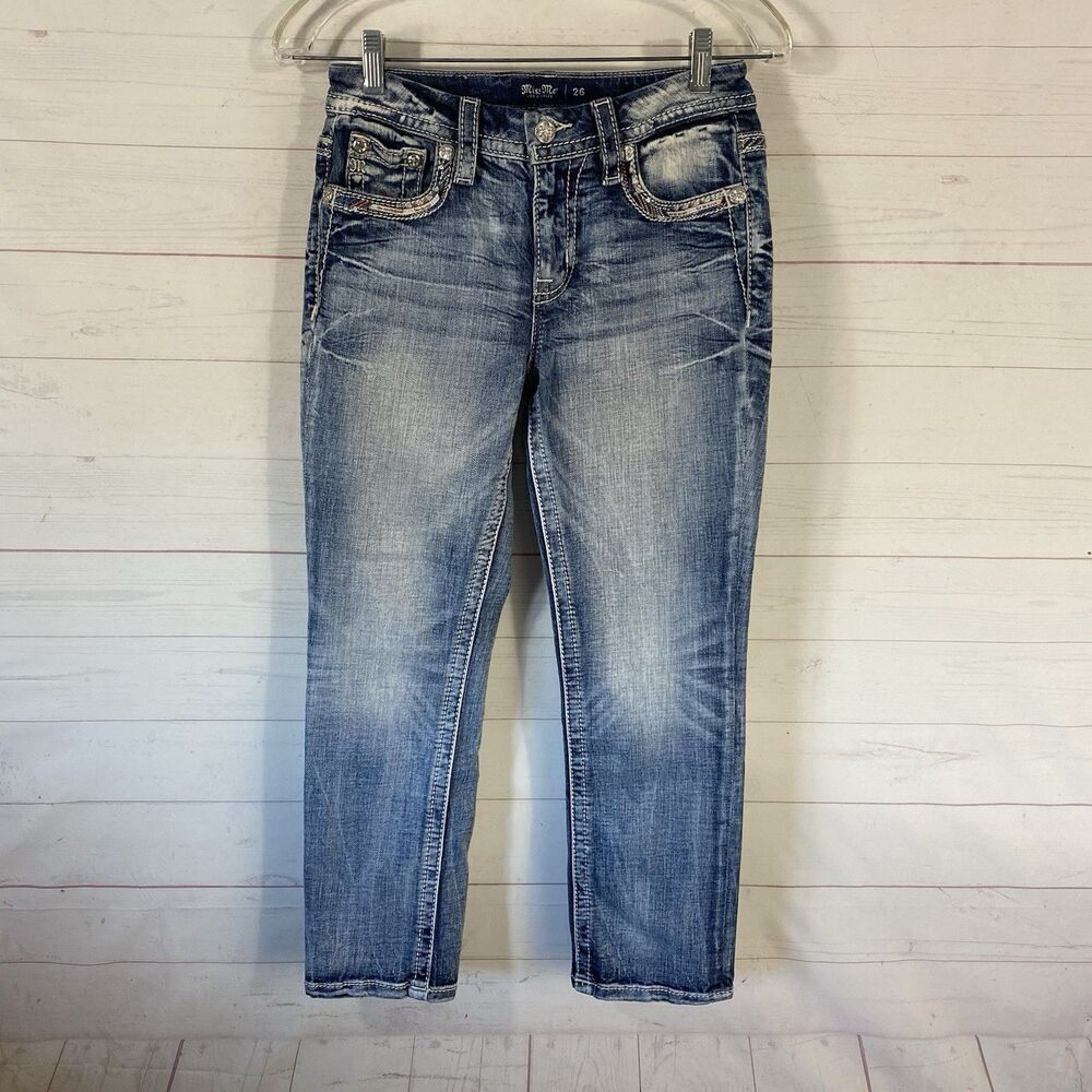 Miss Me Womens Curvy Crop Jeans Sz 26 Blue Embroidered/Sequined Pockets Stretch